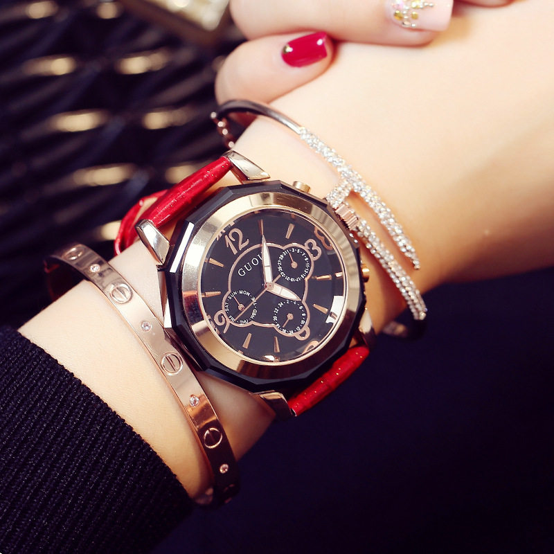 古欧GUOU女简约气质手表韩版时尚潮流复古大表盘真皮日本石英机芯