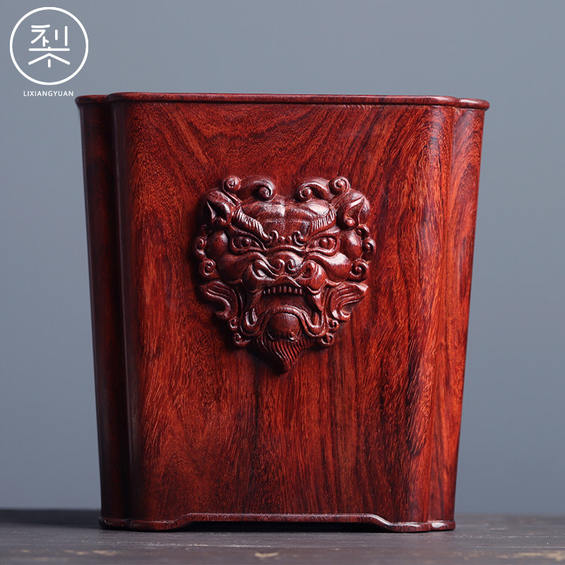 梨香院 兽首笔筒摆件 印度小叶紫檀木方形复古中国风高档谢师送礼