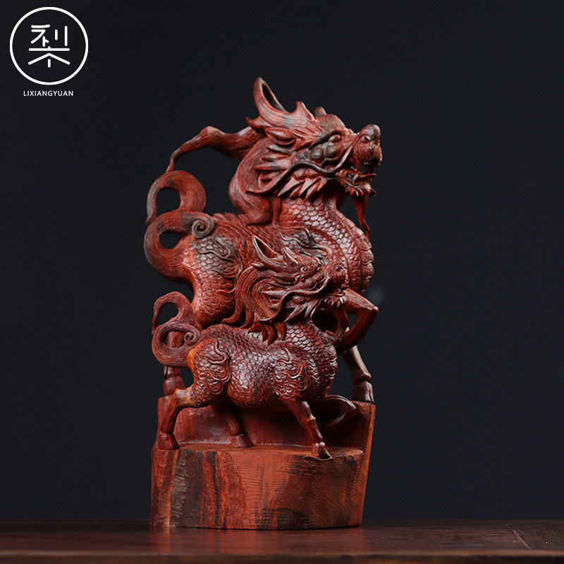 梨香院 麒麟父子摆件 印度小叶紫檀木雕工艺品手工雕刻小件中国风