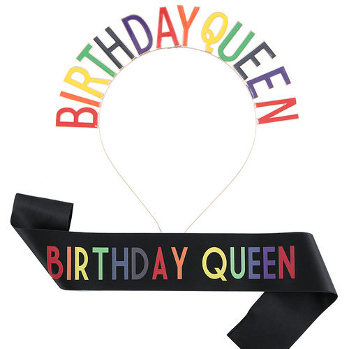 生日皇冠肩带腰带 派对头饰绶带BIRTHDAY QUEEN 彩虹字母发箍头饰