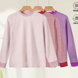 女士100%纯棉条纹长袖 打底内衣 中老年人妈妈高领套头上衣宽松大码