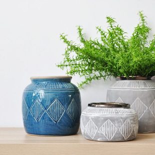 水培瓶桌面装 复古花盆灰 陶瓷花瓶花器质朴风格 饰摆件D307 包邮