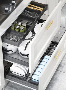 米司库拉篮厨房橱柜抽屉式双层钢化玻璃厨柜分类工具篮置物碗碟架