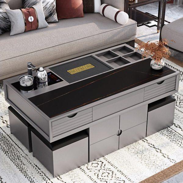 现代火烧石功夫茶几大理石办公泡茶桌椅组合客厅茶台茶艺桌多功能