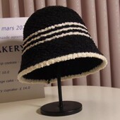 韩版 网红条纹帽子女秋冬保暖仿羊羔毛渔夫帽户外冬季 显脸小盆帽潮