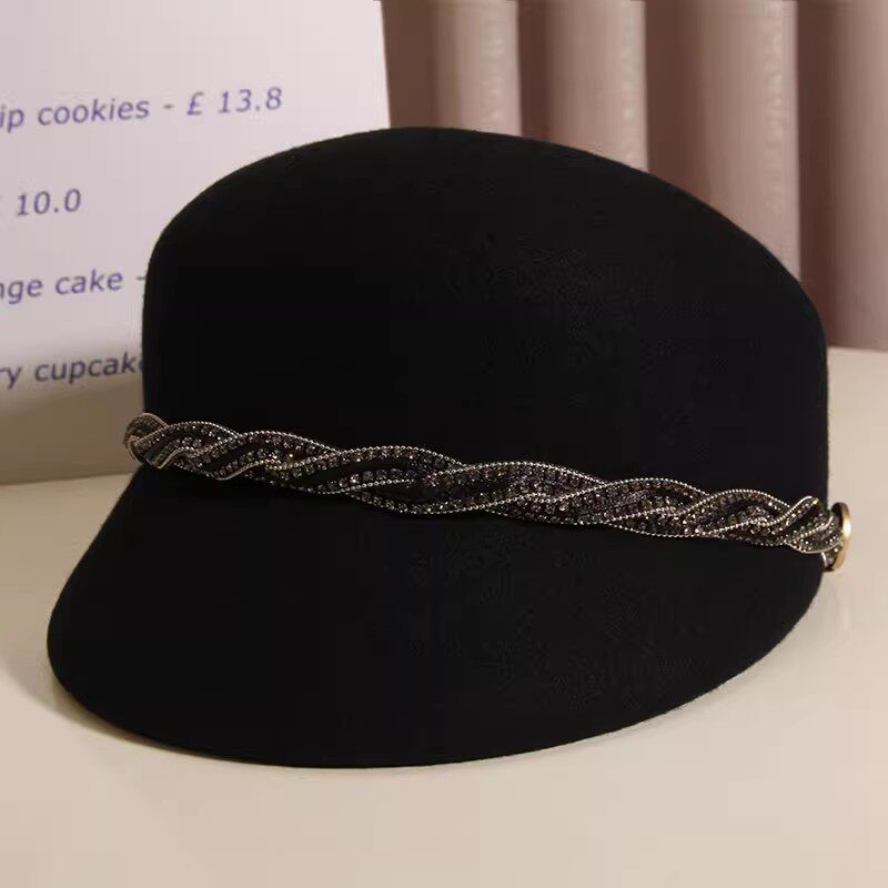 帽子女秋冬羊毛呢马术帽时尚水钻麻花装饰鸭舌帽英伦复古小礼帽潮