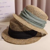 法式 出游度假海边咸草帽子女夏季 镂空平顶礼帽复古小帽檐遮阳草帽
