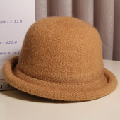 日系休闲卷边圆顶小礼帽女秋冬针织百搭盆帽显脸小时尚 复古渔夫帽