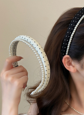 网红新款黑白波点珍珠发箍布艺海绵高颅顶头箍显脸小压发头饰发卡