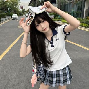 新款 掐腰显瘦撞色学生校供感上衣JK制服舞夏 刺绣POLO衫 女短袖