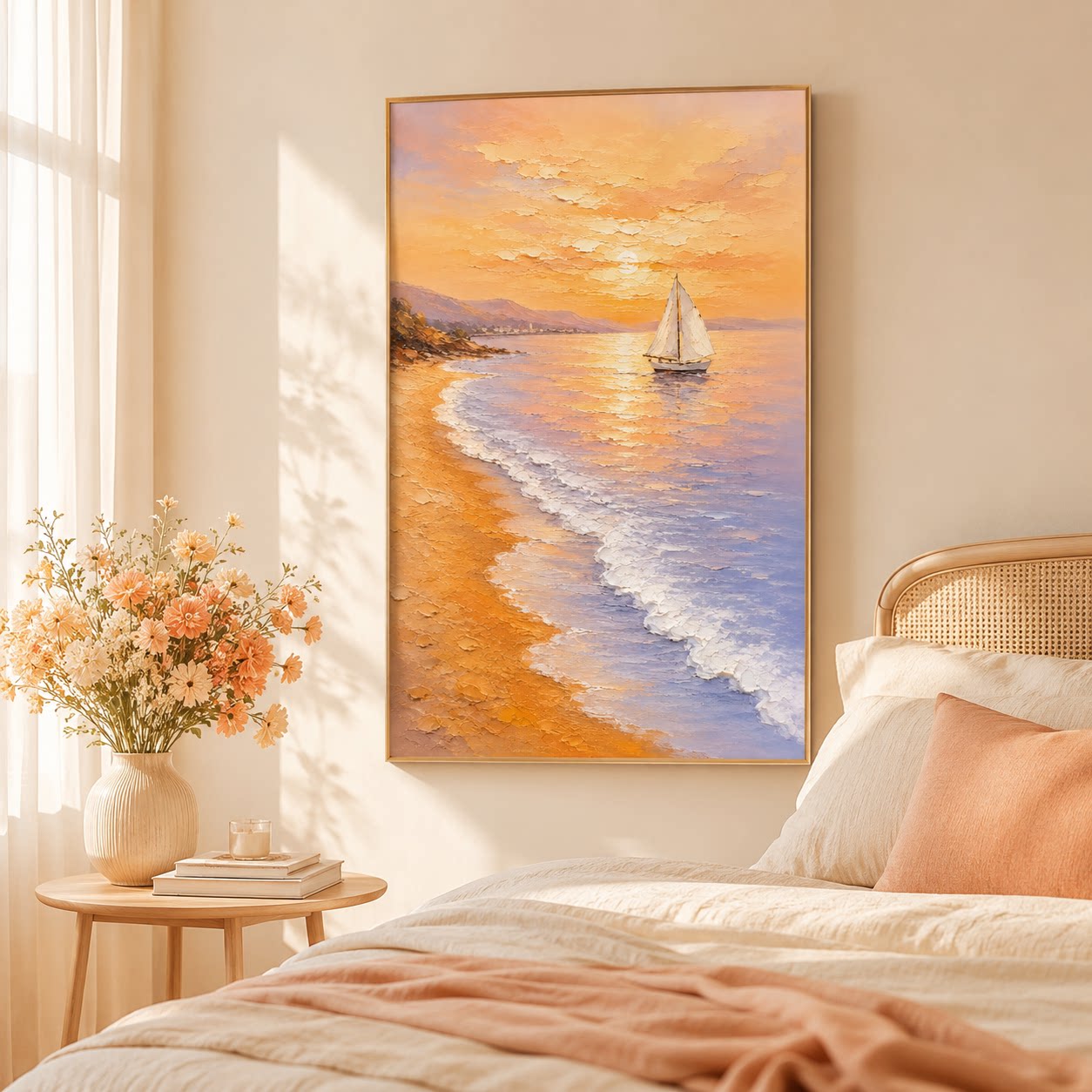 现代简约手绘油画海景帆船海岸玄关客厅卧室装饰画艺术挂画空间