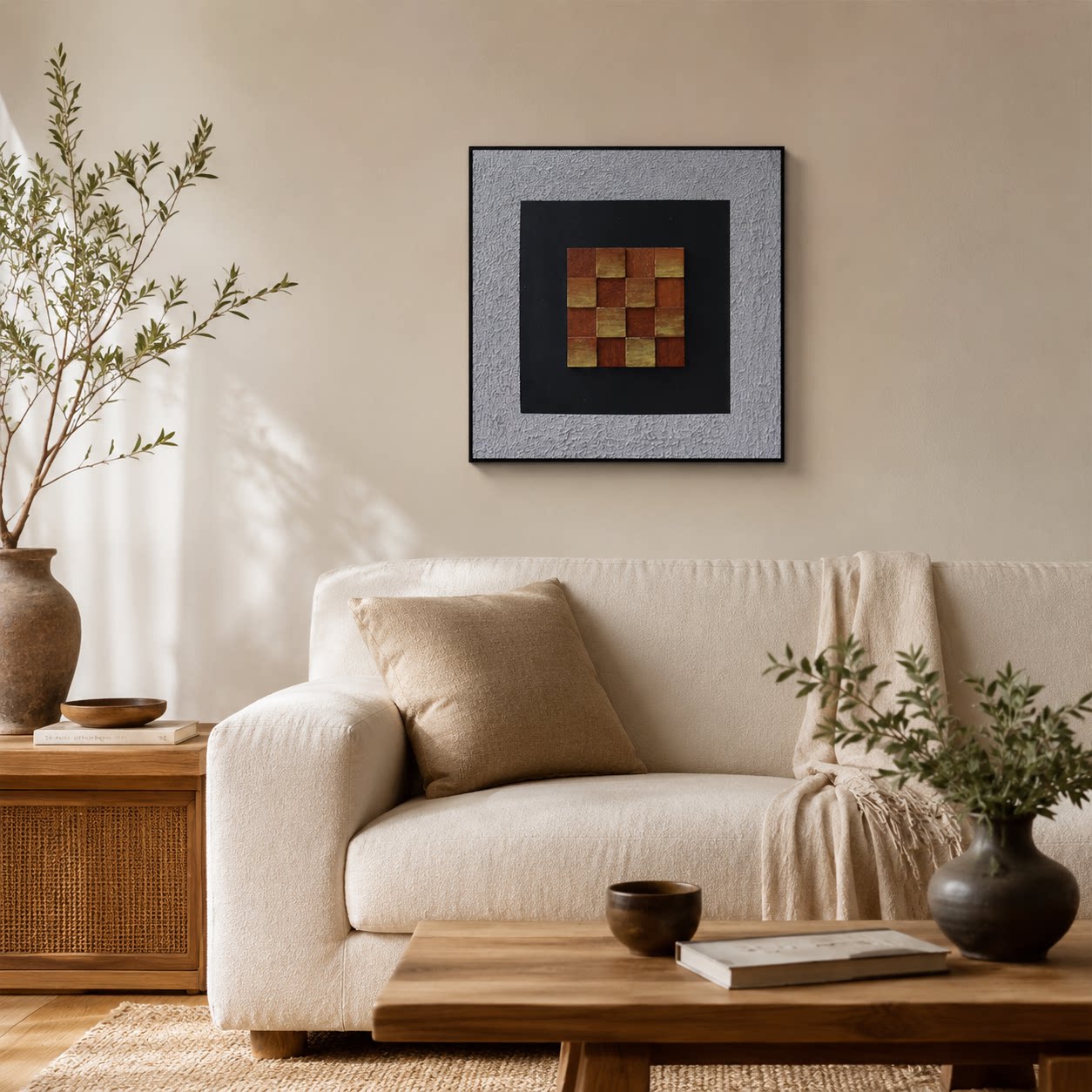 现代简约格纹拼块手绘油画客厅玄关装饰画入户走廊沙发背景墙挂画