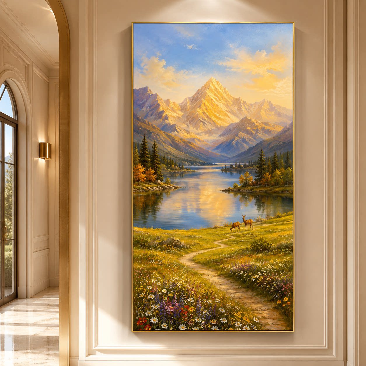 现代简约金色雪山湖景手绘油画客厅玄关装饰画入户沙发背景墙挂画