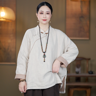 女装秋冬季新款复古国风立领斜襟盘扣亚麻双层衬衫休闲长袖上衣女