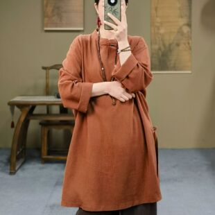 新品 春季 复古立领盘扣亚麻长袖 衬衫 上衣 新中式 女侧开叉中长款 女装