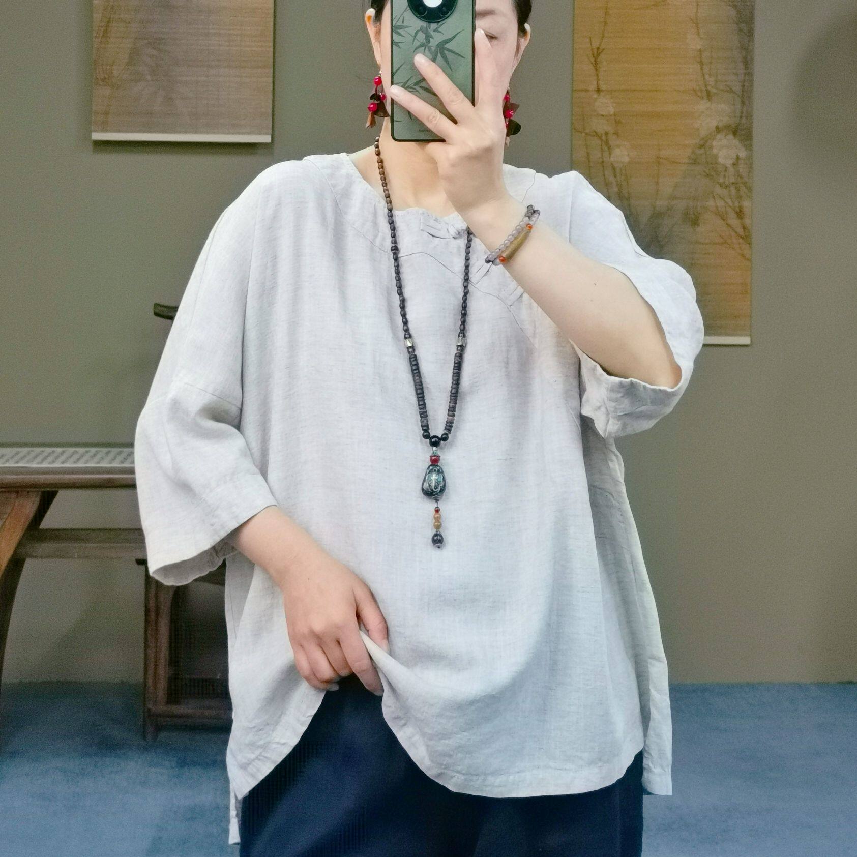 新中式女装夏装新款复古圆领盘扣五分袖衬衫女亚麻手工线宽松上衣