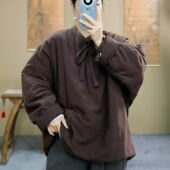 新款 新中式 冬装 棉衣女复古立领斜襟盘扣系带亚麻纯色套头棉服上衣