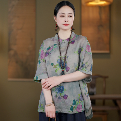 新中式立领盘扣苎麻五分袖茶服
