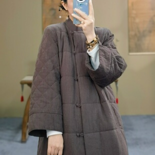 休闲长款 束心新中式 棉衣女立领盘扣纯色九分袖 新款 棉服外套女 冬装