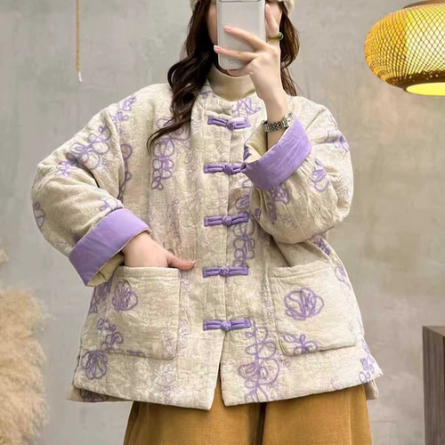 新中式复古立领盘扣亚麻刺绣棉衣