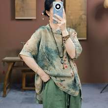 束心新中式女装新款苎麻印花复古立领斜襟盘扣宽松五分袖薄衬衫女