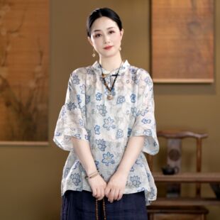 苎麻女装夏季新款复古立领盘扣印花五分袖衬衫女宽松休闲薄款上衣