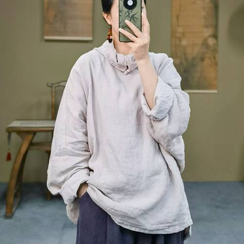 新中式盘扣高领亚麻大码女衬衫