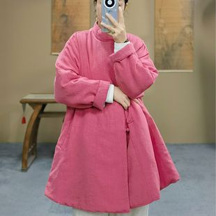 《过冬加厚》新中式冬新款棉衣立领盘扣斜开襟亚麻中长款棉衣外套