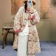 束心新中式 棉衣外套 棉服复古立领盘扣拼色麻棉印花中长款 冬装 新款