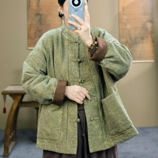 束心新中式冬装新款棉服复古立领盘扣亚麻织花加厚保暖棉衣外套女