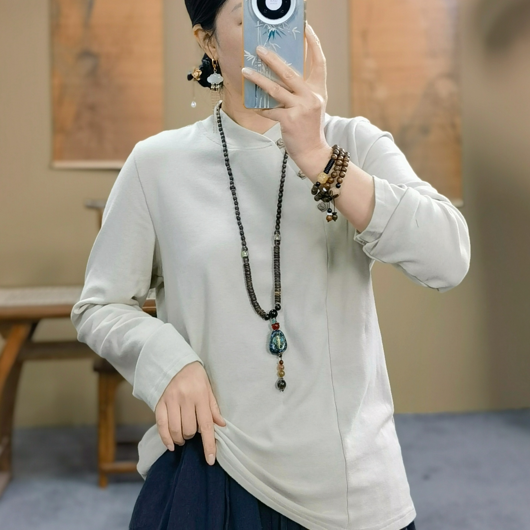 新中式秋冬新款打底衫复古立领