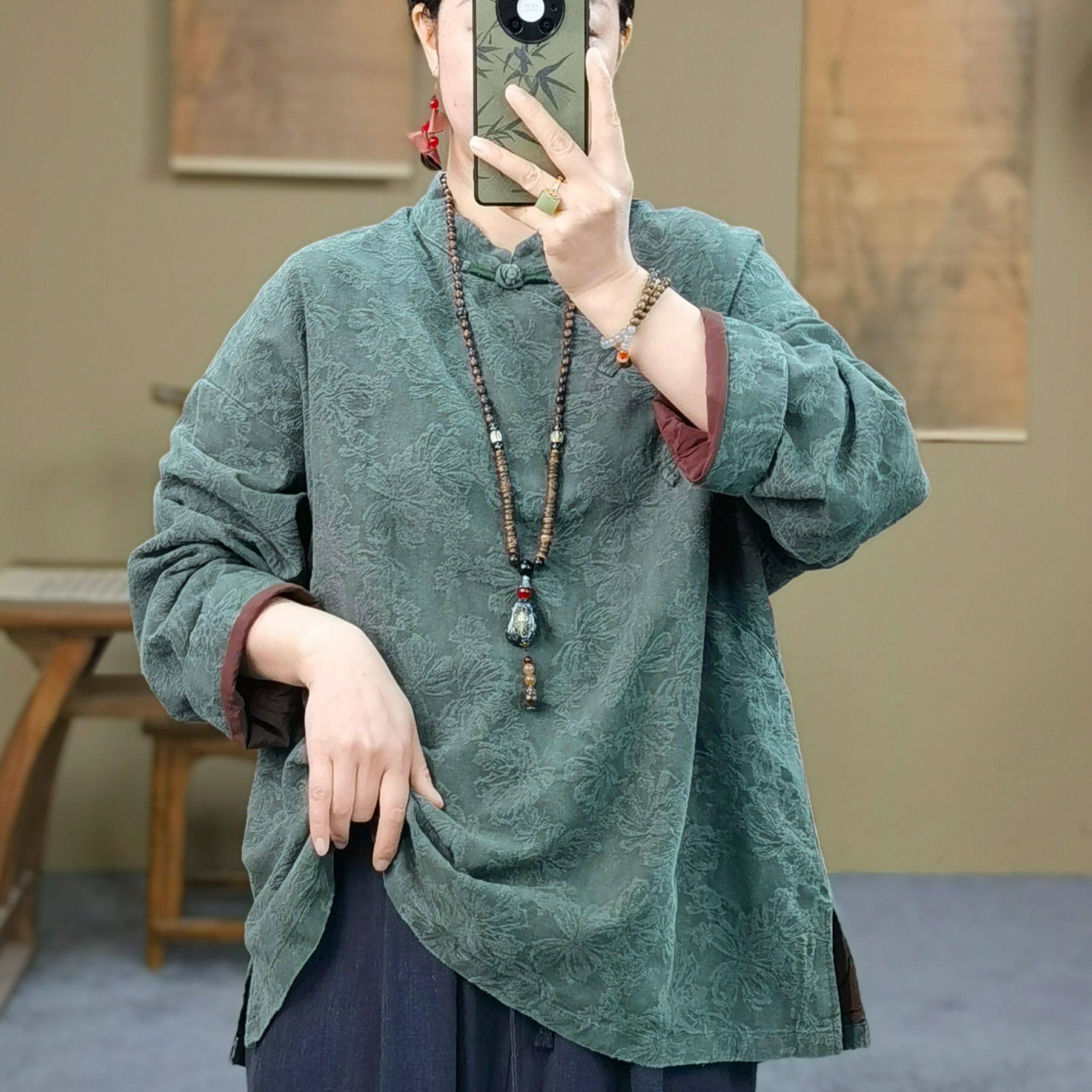 新中式女装春装新款复古立领盘扣提花亚麻双层上衣女宽松休闲茶服