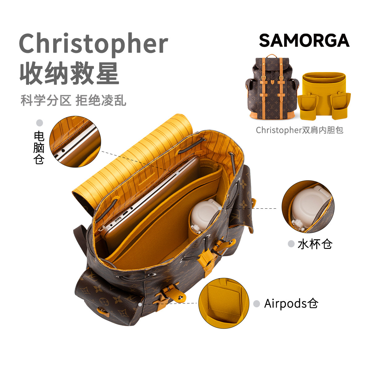 SAMORGA适用于LV Christopher双肩男包小中号羊毛毡内胆包电脑袋
