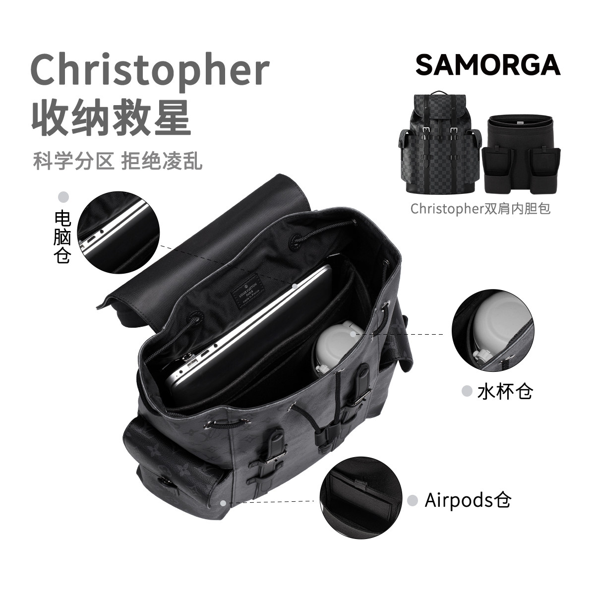 SAMORGA适用LV男包Christopher双肩背包羊毛毡内胆包电脑收纳撑型