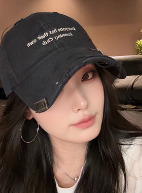 L6软顶新款破洞刺绣棒球帽女宽檐显脸小休闲百搭遮阳防晒鸭舌帽