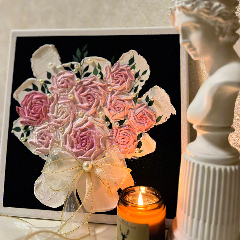 玫瑰花束石英砂立体丙烯肌理画diy手绘填充高级感装饰画手工礼物图片
