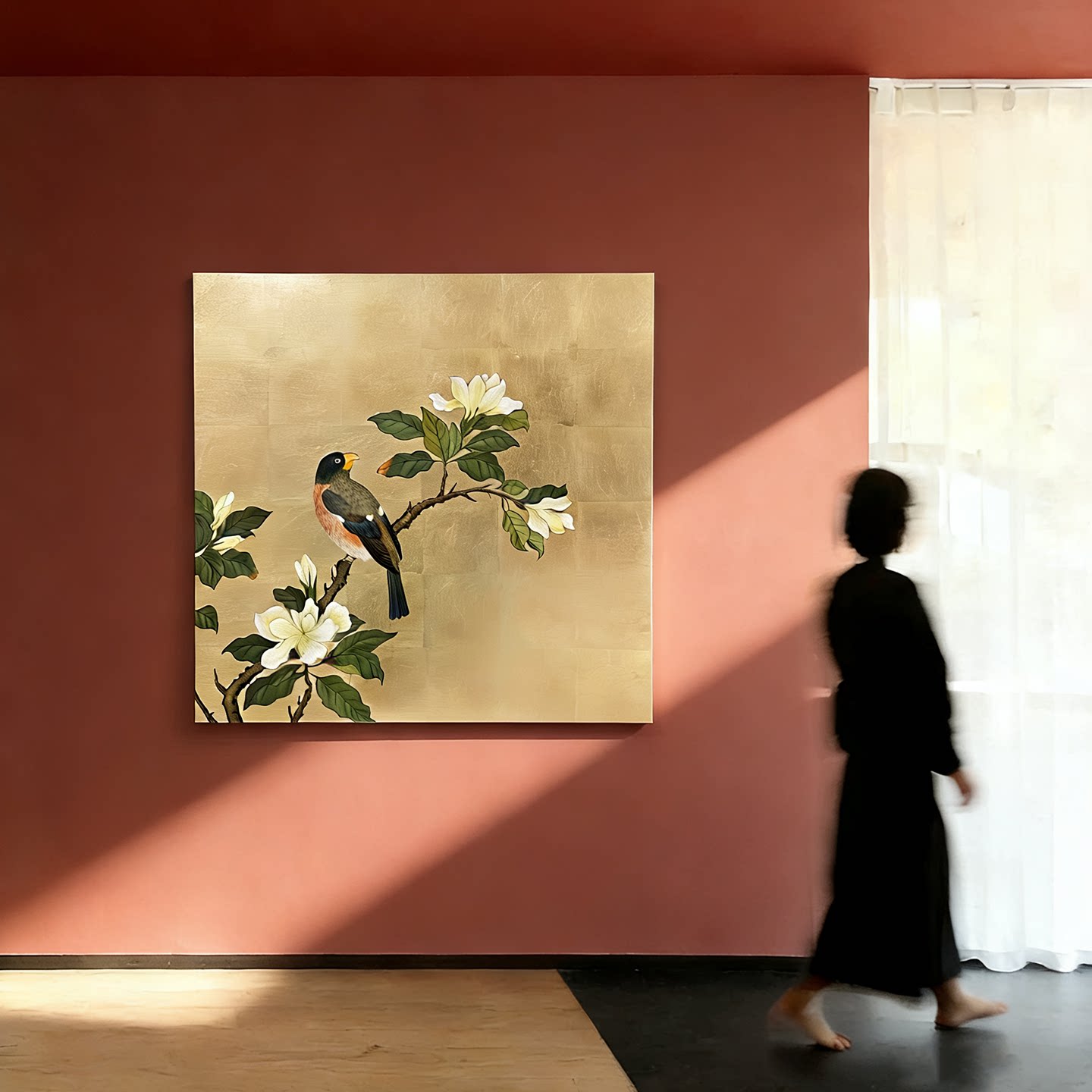 中古风花鸟手绘金箔画乔迁新居礼物挂画茶室背景画入户玄关挂画