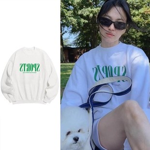 宋慧乔同款衣服白色休闲设计感小众上衣秋字母印花卫衣女宽松百搭