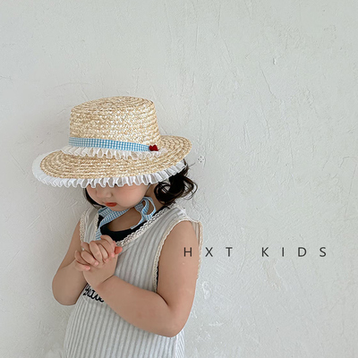 麦秆草帽大檐格子系带韩系遮阳