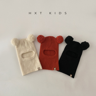 婴儿针织帽秋冬季洋气双球保暖帽子围巾一体帽婴幼儿宝宝护耳帽潮