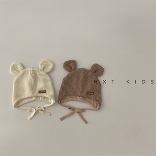 新生儿宝宝护耳帽秋冬季 3个月婴儿胎帽5 棉内里系带超萌可爱帽子0