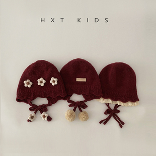 婴儿护耳帽秋冬季洋气红色系带小花针织帽婴幼儿女宝宝保暖帽子冬