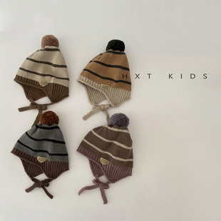 儿童护耳帽秋冬季洋气毛球条纹系带针织帽男童女童宝宝冬天毛线帽