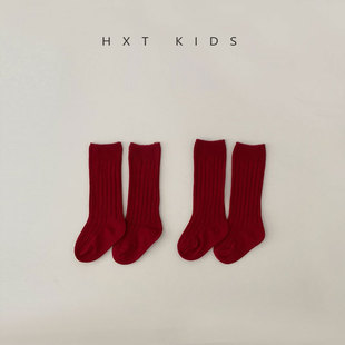 婴儿袜子春秋季薄款红色洋气中筒袜初生小月龄宝宝秋天穿搭长筒袜