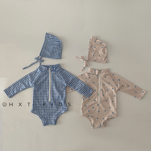儿童夏季 潮 出游游泳二件套洋气格子波点婴儿宝宝包屁泳衣泳帽套装