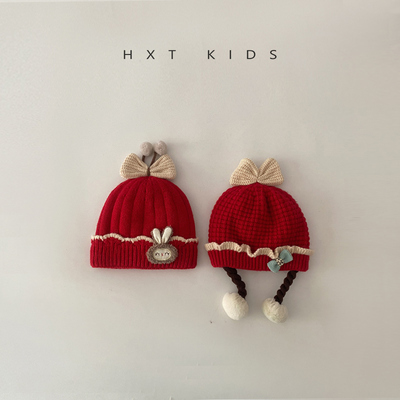 针织毛线帽红色系保暖棉布内里