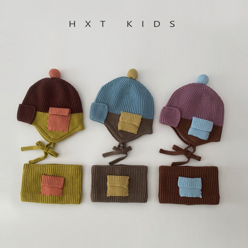 儿童帽子围脖二件套冬季洋气拼色系带护耳帽韩国宝宝冬天针织帽潮