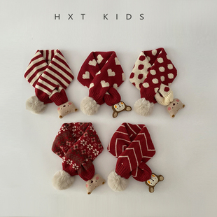 2025年冬季新款红色喜庆保暖围巾冬天男童女童宝宝洋气穿搭脖套潮