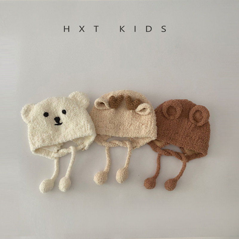 婴儿护耳帽秋冬季超萌可爱小熊系带毛绒帽婴幼儿宝宝冬天保暖帽子