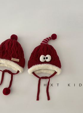 婴儿护耳帽冬季加厚保暖超萌可爱大眼睛小球针织帽宝宝红色帽子冬